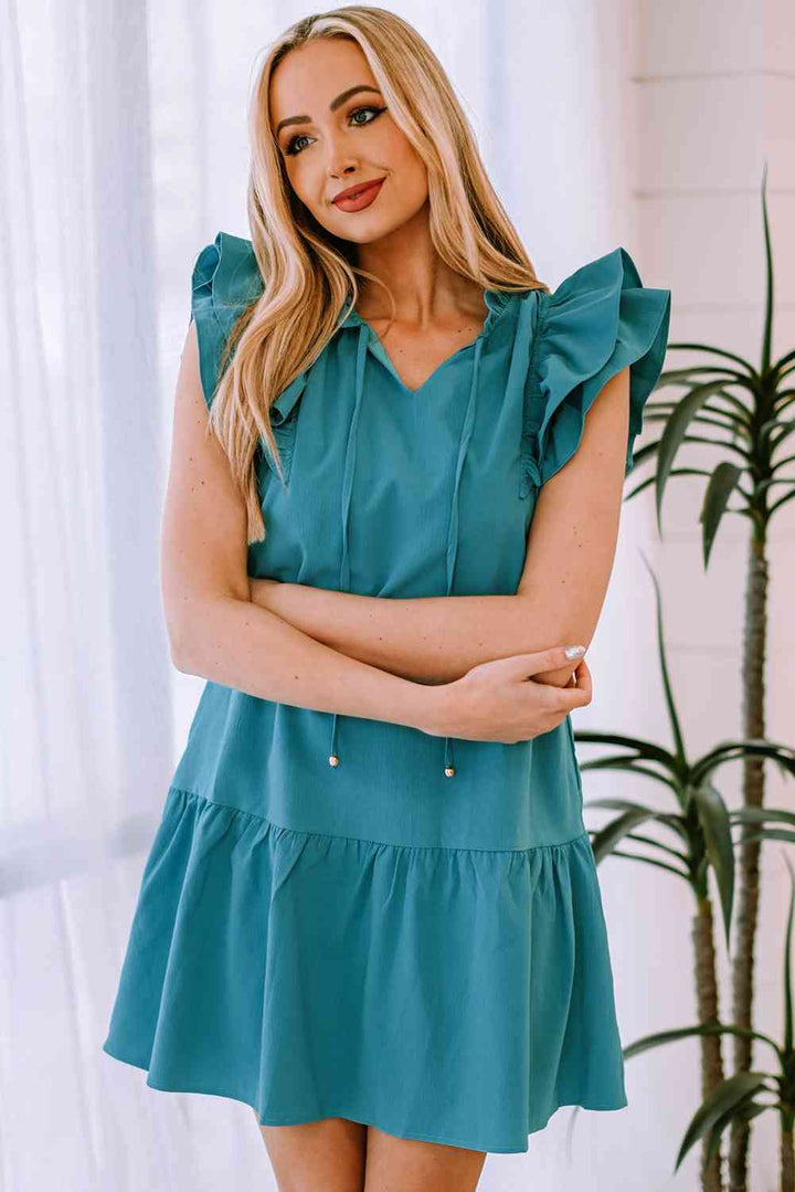 Ruffle Shoulder Tie-Neck Tiered Dress |1mrk.com