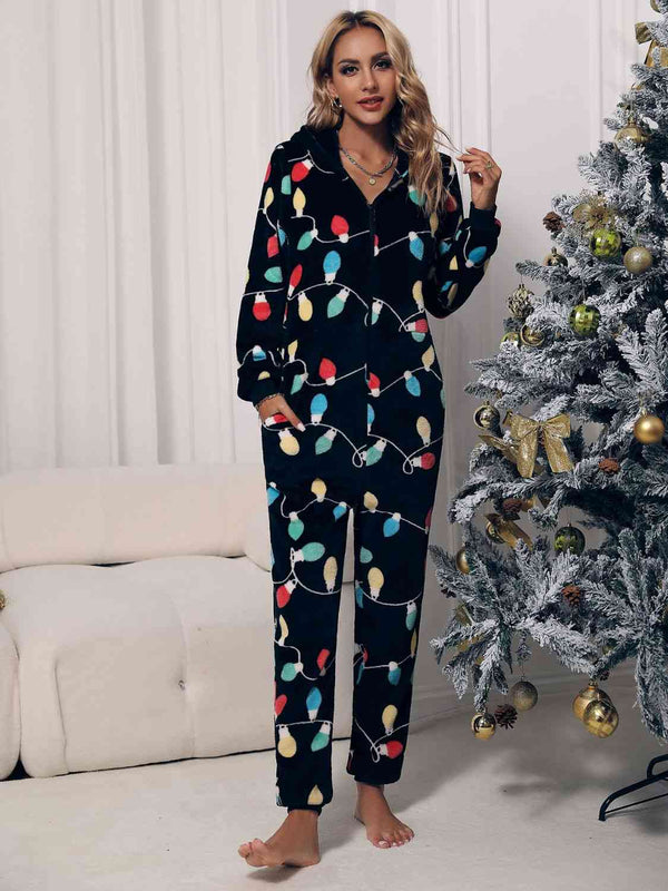 Zip Front Hooded Lounge Jumpsuit with Pockets | 1mrk.com