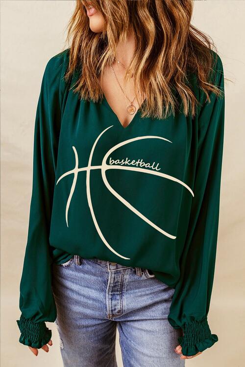 BASKETBALL Round Neck Smocked Long Sleeve Top | Trendsi