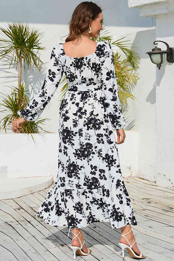 Floral Print V-Neck Long Sleeve Maxi Dress |1mrk.com