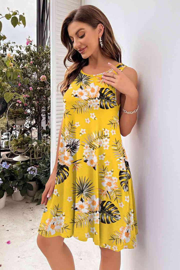 Printed Round Neck Sleeveless Dress |1mrk.com