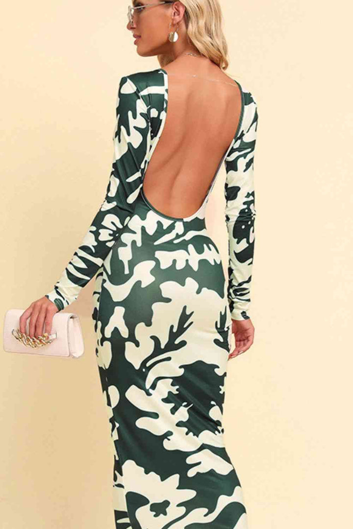 Printed Backless Long Sleeve Maxi Dress |1mrk.com