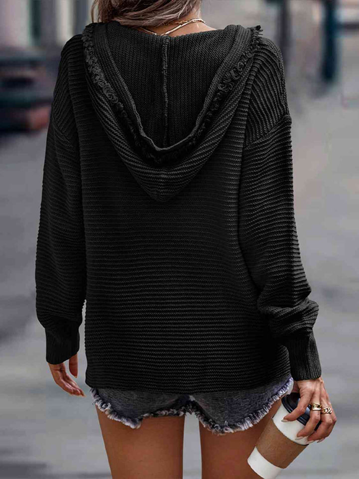 Ribbed Fringed V-Neck Hooded Sweater |1mrk.com