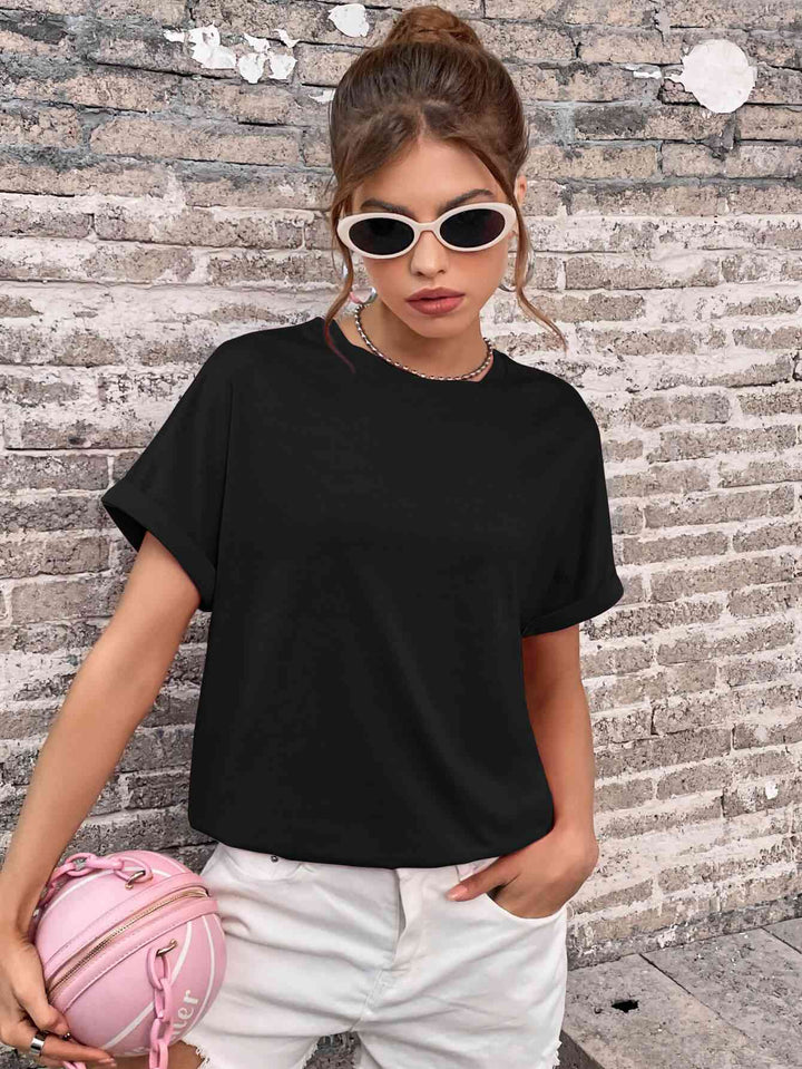 Round Neck Cuffed Sleeve T-Shirt | 1mrk.com