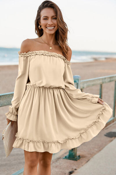 Frill Off-Shoulder Flounce Sleeve Dress |1mrk.com