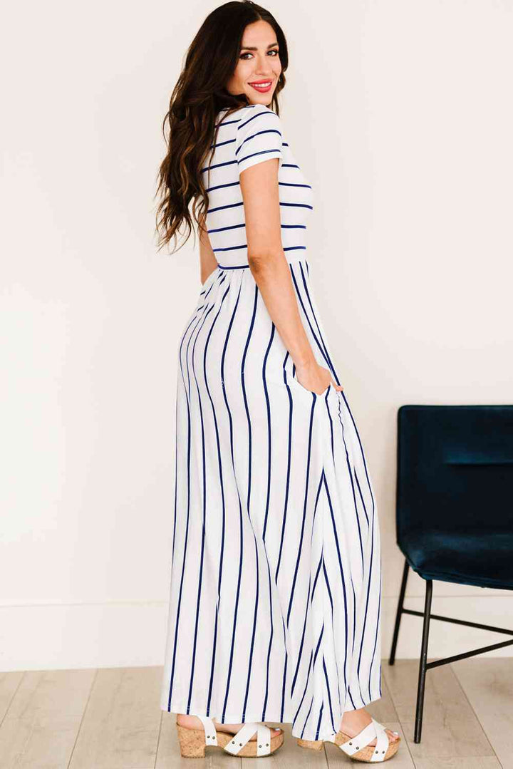 Striped Short Sleeve Crewneck Maxi Dress |1mrk.com