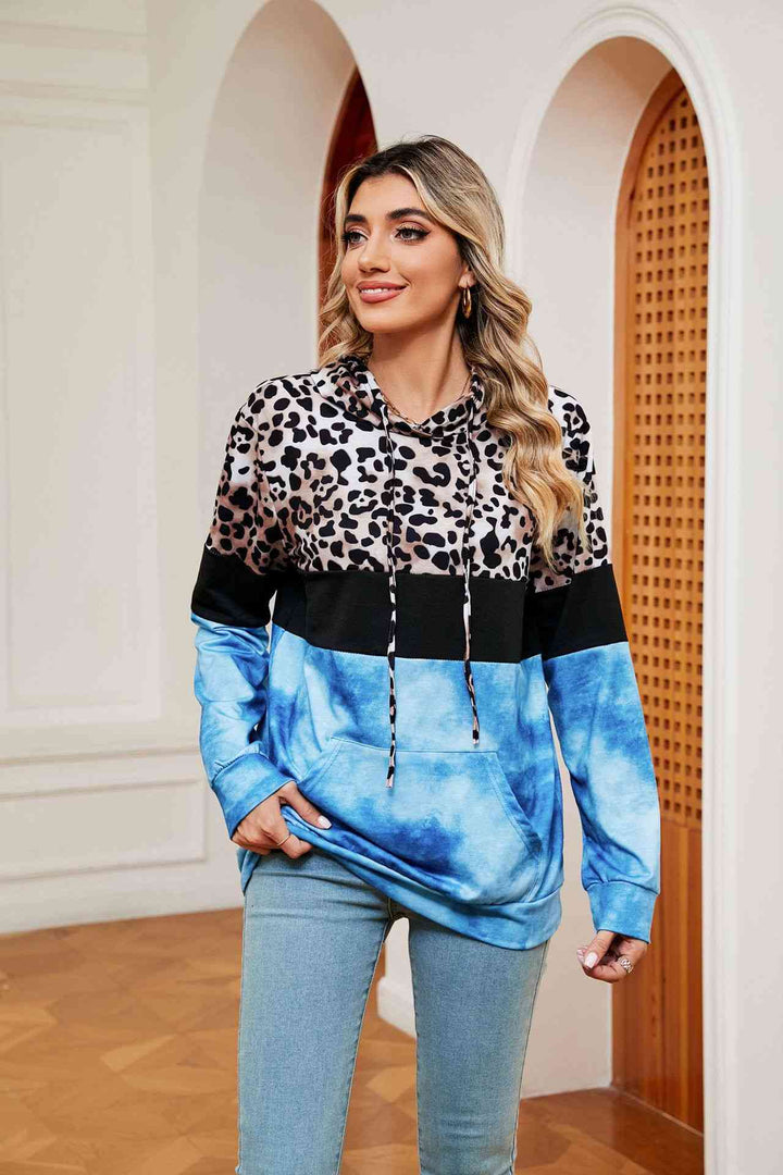 Leopard Drawstring Hoodie with Pocket |1mrk.com