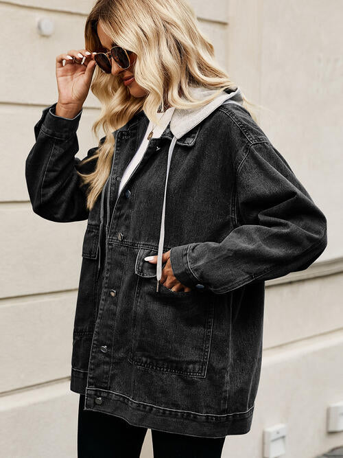 Drawstring Button Down Hooded Denim Jacket | 1mrk.com