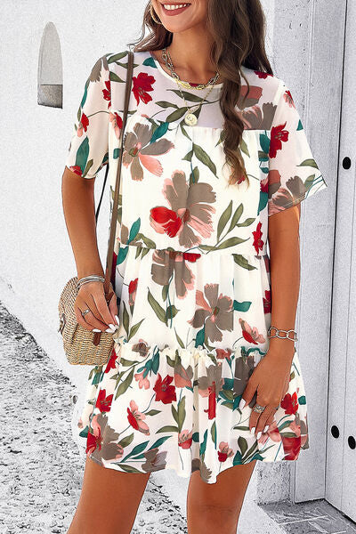 Printed Tiered Round Neck Mini Dress |1mrk.com