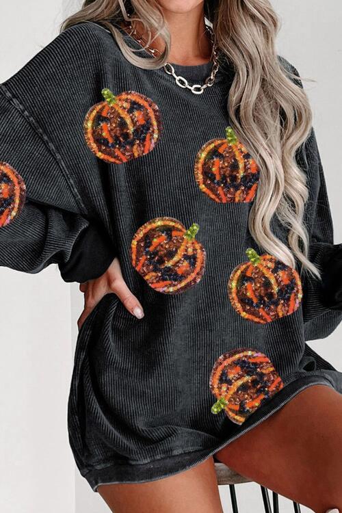 Sequin Patch Pumpkin Round Neck Sweatshirt |1mrk.com