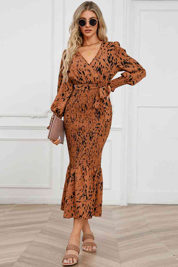 Printed V-Neck Smocked Midi Dress |1mrk.com