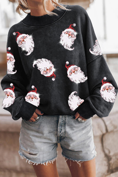 Sequin Santa Round Neck Drop Shoulder Sweatshirt |1mrk.com