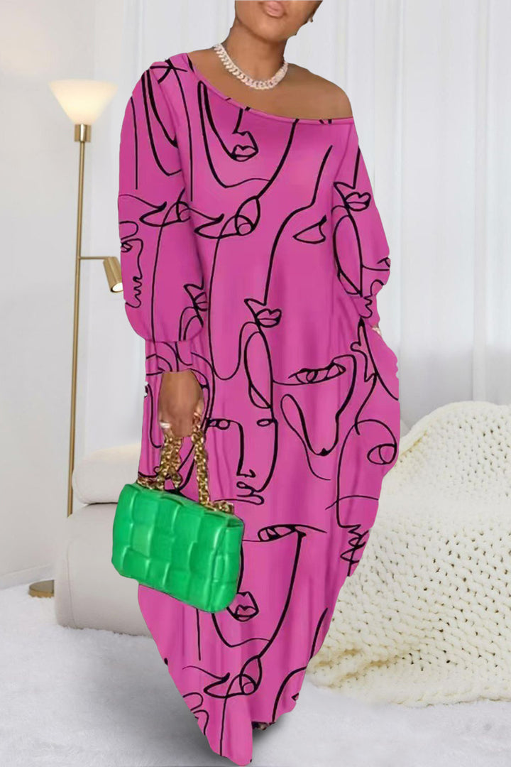 Printed Single Shoulder Lantern Sleeve Maxi Dress | Trendsi