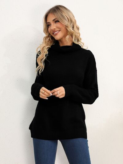 Slit Turtleneck Dropped Shoulder Sweater |1mrk.com