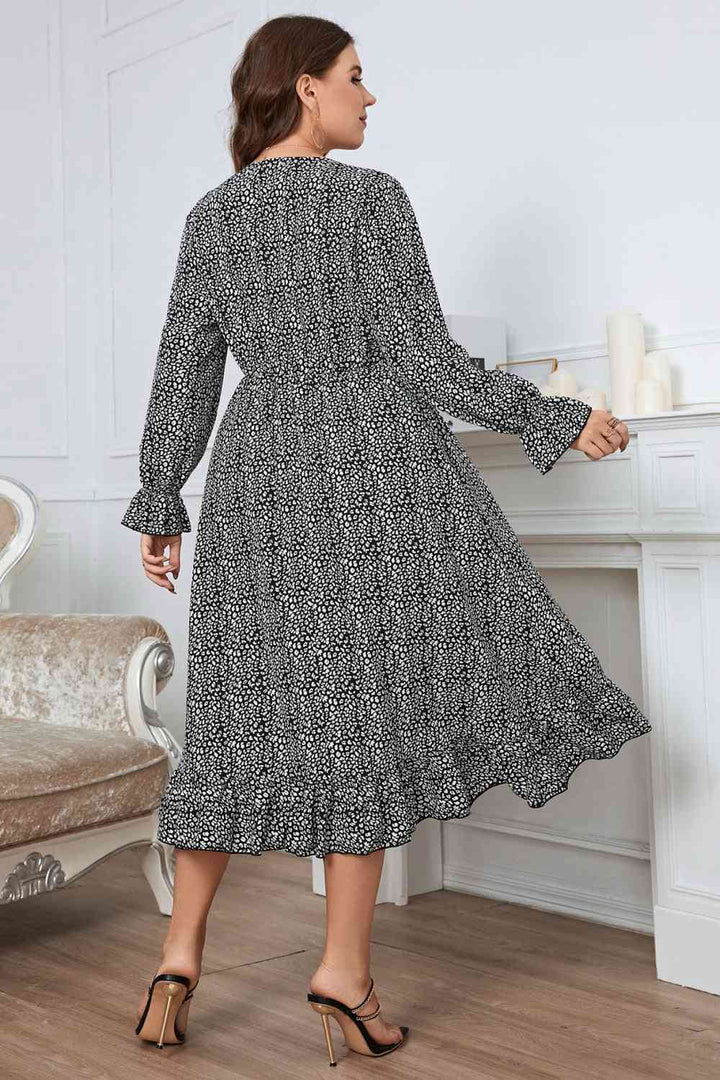 Melo Apparel Plus Size Printed V-Neck Flounce Sleeve Midi Dress |1mrk.com