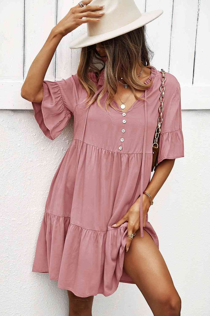 Buttoned Tie Neck Tiered Mini Dress |1mrk.com