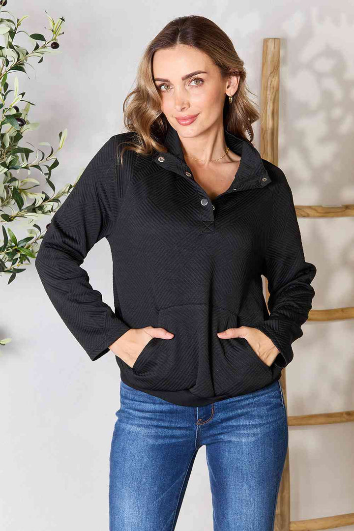 Double Take Half Buttoned Collared Neck Sweatshirt with Pocket |1mrk.com