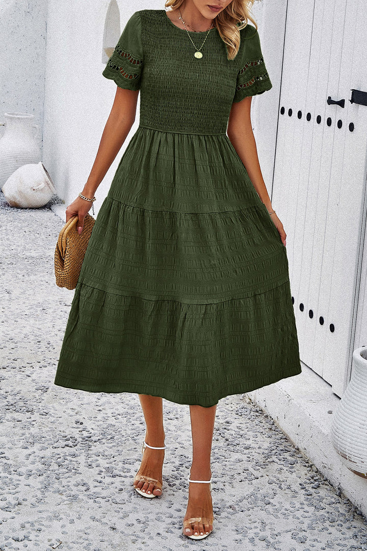 Smocked Round Neck Short Sleeve Midi Dress | Trendsi