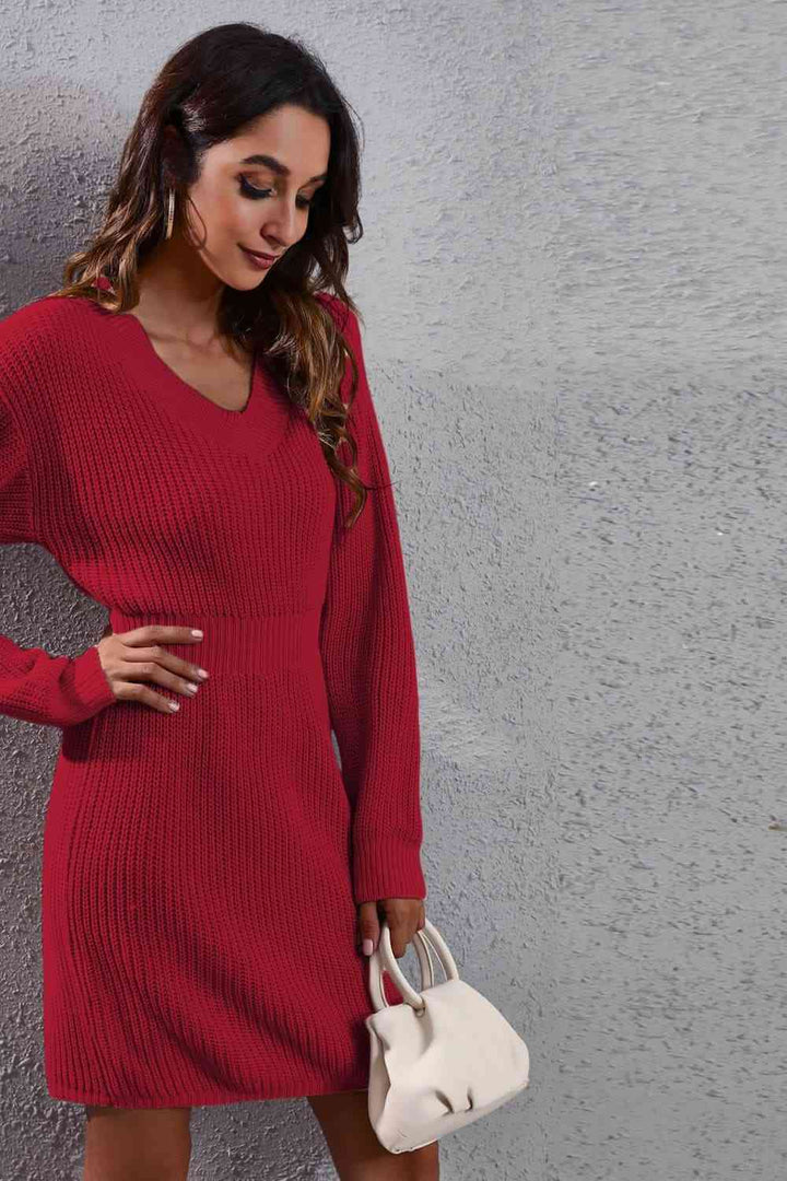 V-Neck Long Sleeve Rib-Knit Sweater Dress | 1mrk.com
