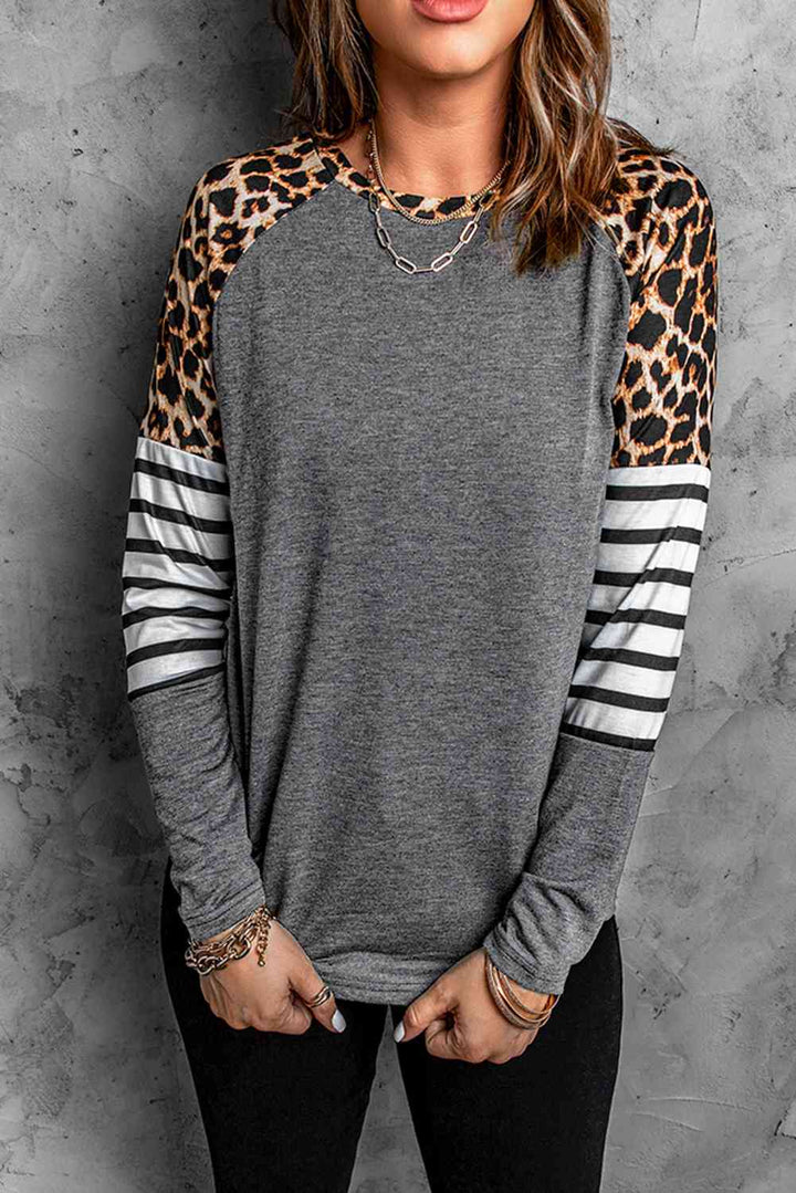 Leopard Striped Raglan Sleeve Top | 1mrk.com