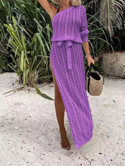 Slit Openwork Single Shoulder Knit Dress |1mrk.com