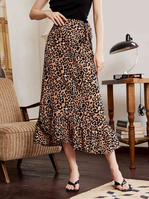 Leopard Ruffle Hem Midi Skirt |1mrk.com