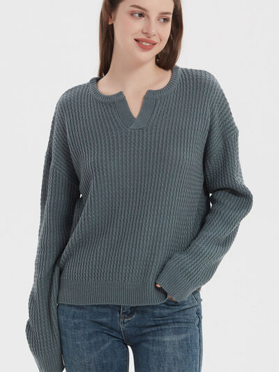 Notched Dropped Shoulder Sweater | Trendsi