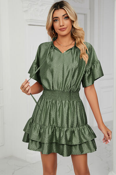 Smocked Tie Neck Flounce Sleeve Dress |1mrk.com