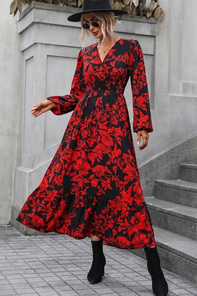 Printed Surplice Balloon Sleeve Midi Dress |1mrk.com