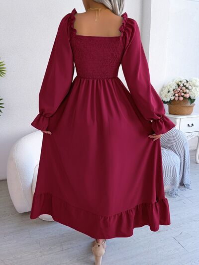 Smocked Square Neck Flounce Sleeve Dress |1mrk.com