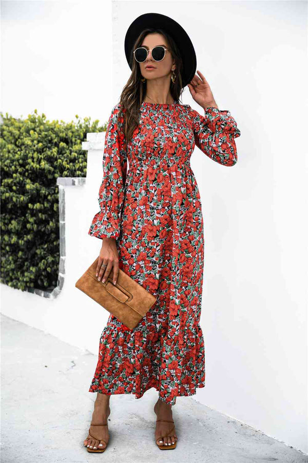 Printed Puff Sleeve Ruffle Maxi Dress |1mrk.com