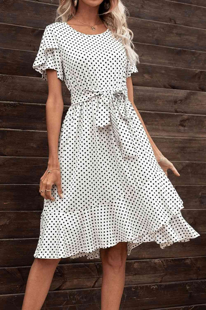 Tie Waist Petal Sleeve Ruffle Hem Dress |1mrk.com