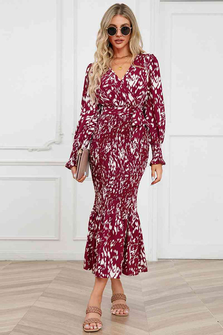 Printed V-Neck Smocked Midi Dress |1mrk.com