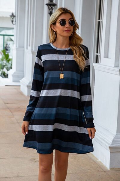 Striped Round Neck Long Sleeve Dress |1mrk.com