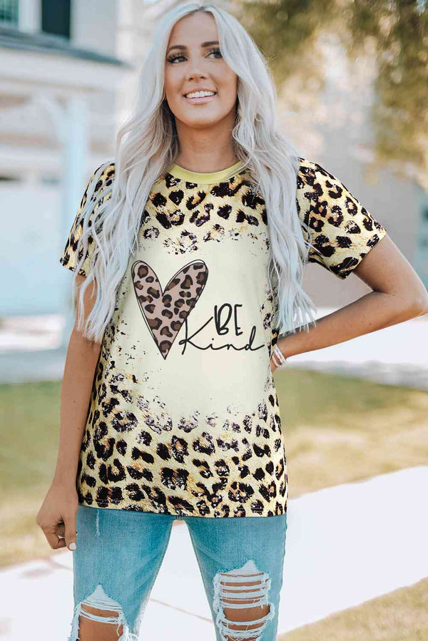 BE KIND Heart Graphic Leopard Round Neck Tee | 1mrk.com