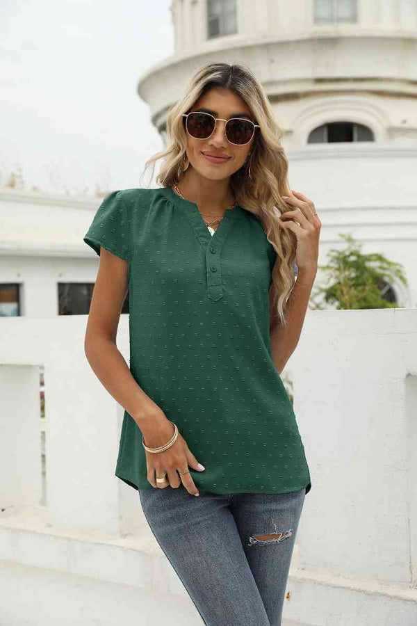 Swiss Dot Notched Neck Short Sleeve Top | 1mrk.com