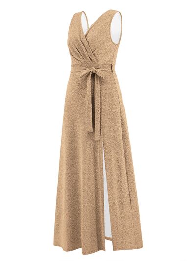 Slit Surplice Tie Waist Sleeveless Dress |1mrk.com