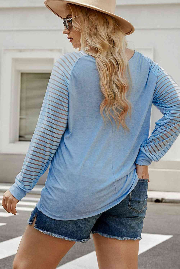 Plus Size Sheer Striped Sleeve V-Neck Top | 1mrk.com