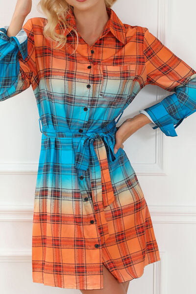 Plaid Button Up Tie-Waist Dress |1mrk.com