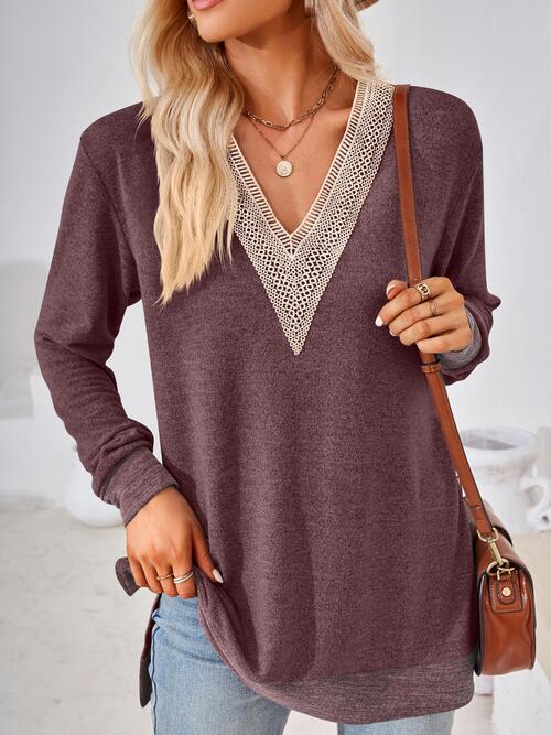 Crochet Contrast V-Neck Long Sleeve Slit T-Shirt | 1mrk.com