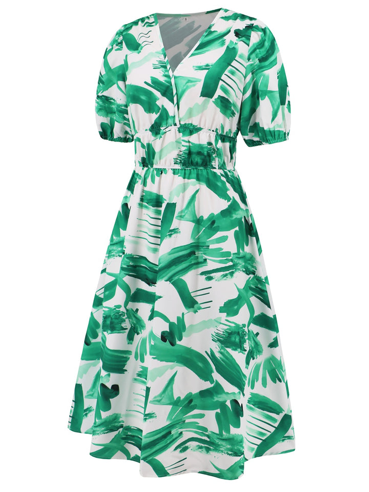 Ruched Printed Surplice Short Sleeve Dress | Trendsi