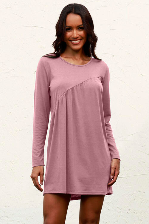 Ruched Round Neck Long Sleeve Dress | 1mrk.com