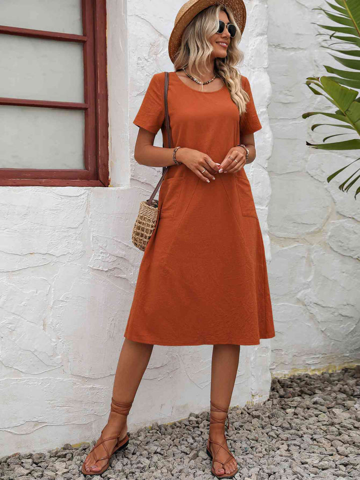 Round Neck Short Sleeve Dress with Pockets |1mrk.com