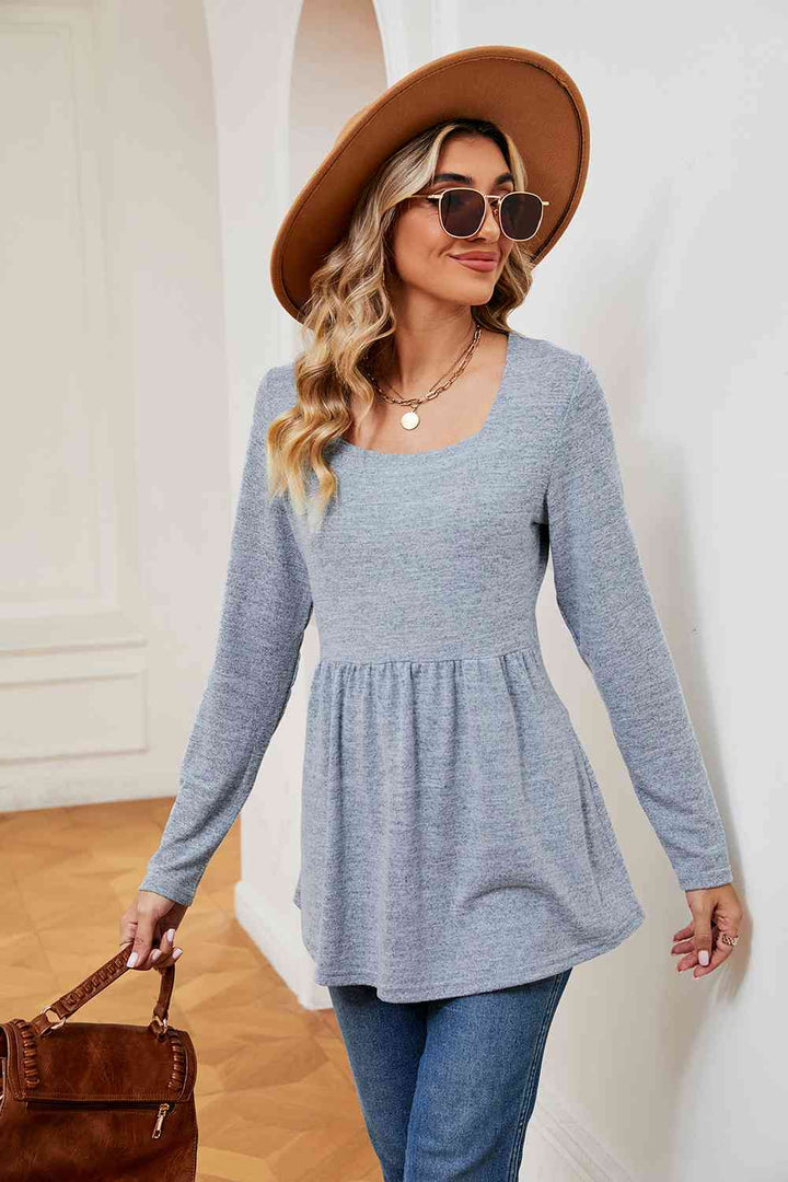 Square Neck Long Sleeve Peplum Top | 1mrk.com