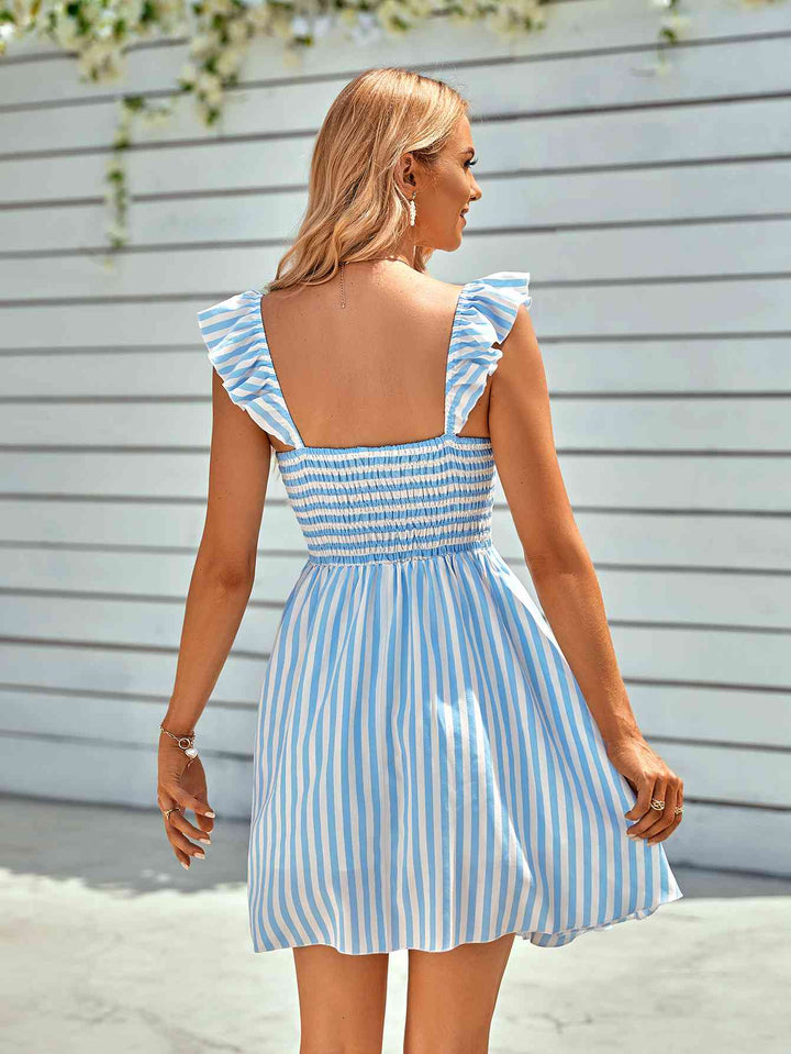 Striped Smocked Ruffle-Shoulder Sleeveless Dress |1mrk.com