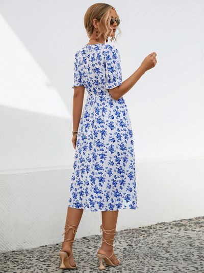 Slit Printed V-Neck Short Sleeve Dress |1mrk.com