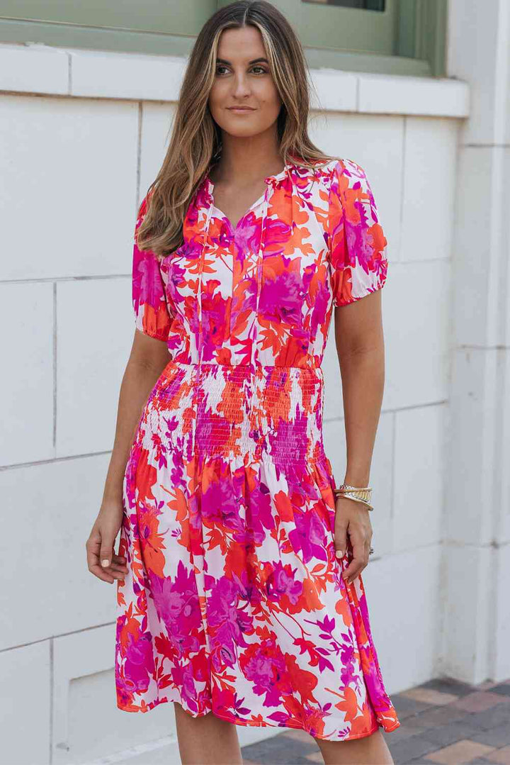 Smocked Printed Tie Neck Short Sleeve Dress |1mrk.com