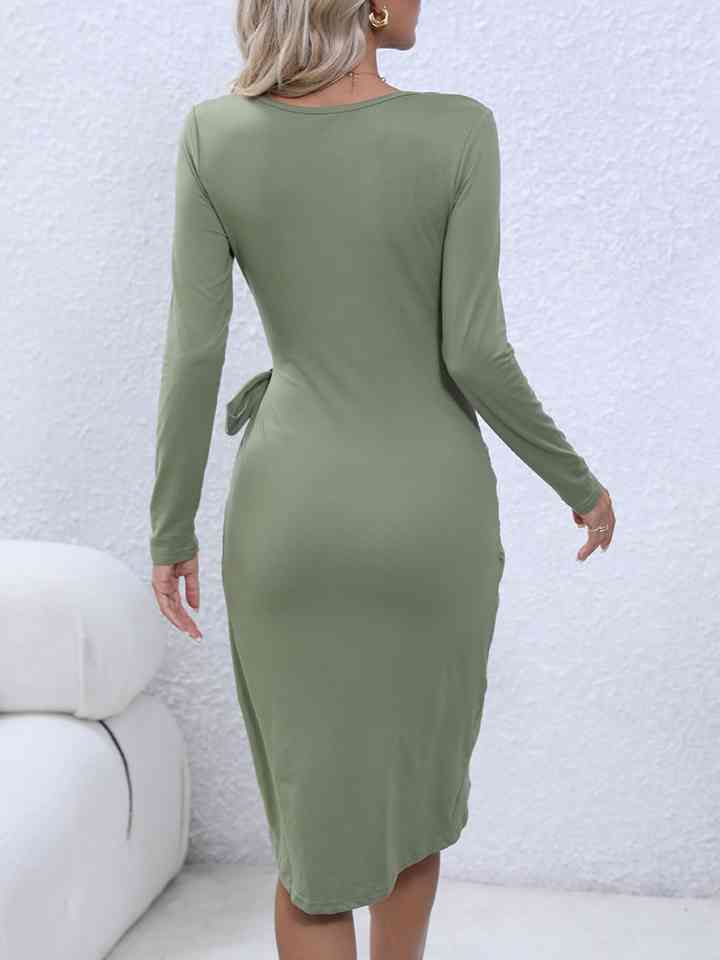 Round Neck Tied Long Sleeve Dress |1mrk.com