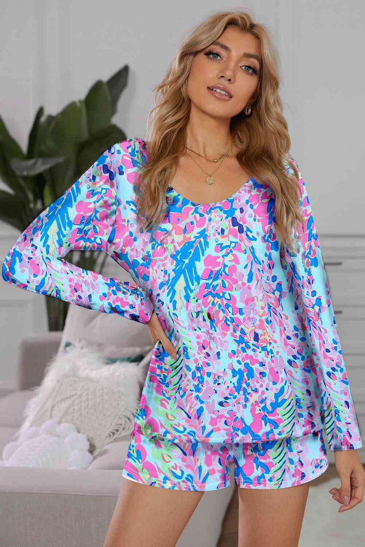 Round Neck Printed Top and Shorts Lounge Set | 1mrk.com