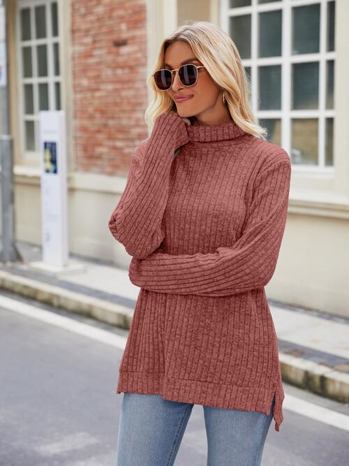 Ribbed Turtleneck Long Sleeve Slit Knit Top | 1mrk.com